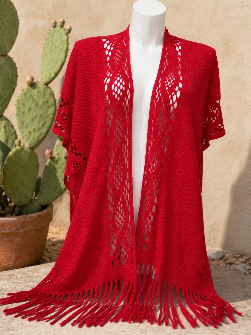 Women's Free Size Crochet Fringe Kimono Rodeo Western Red